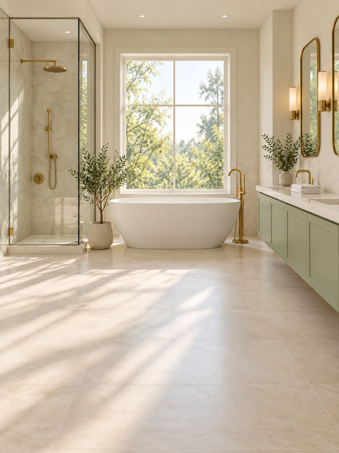 A bright, spa-like bathroom with a freestanding tub, sage-green vanity and brushed-gold fixtures
