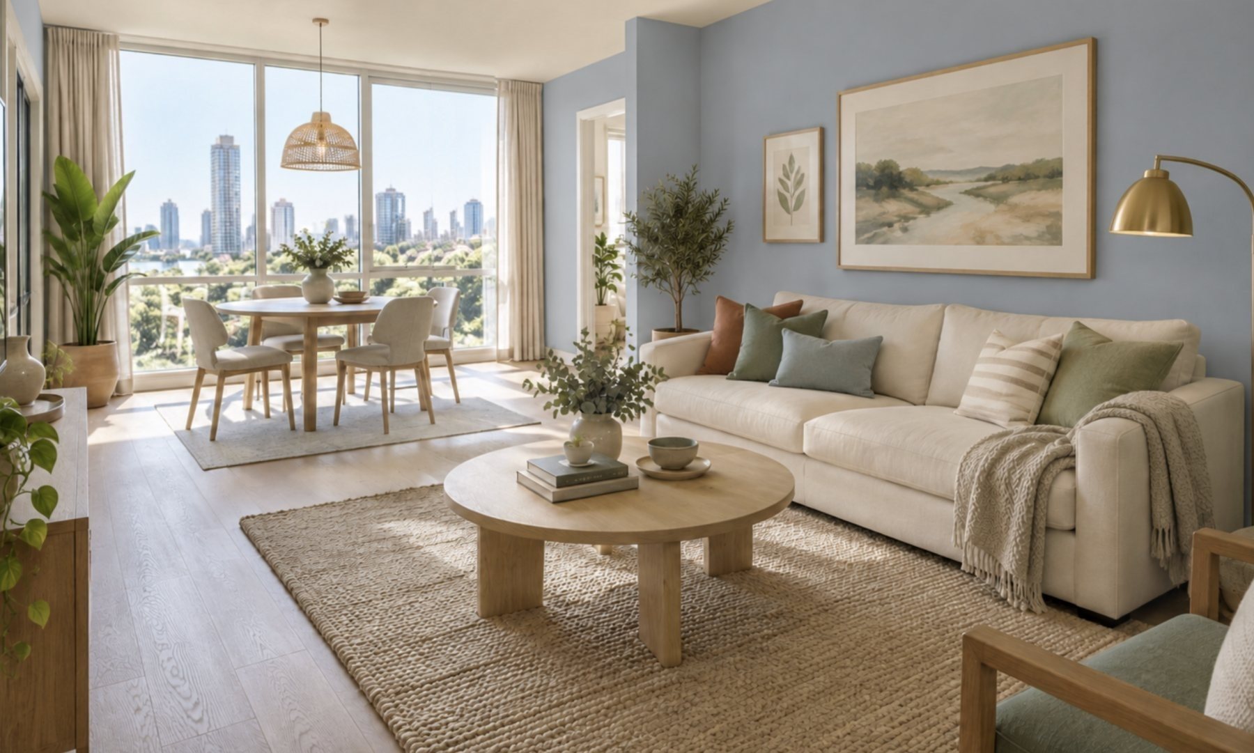 A bright living room with soft blue walls, a linen sofa and city views