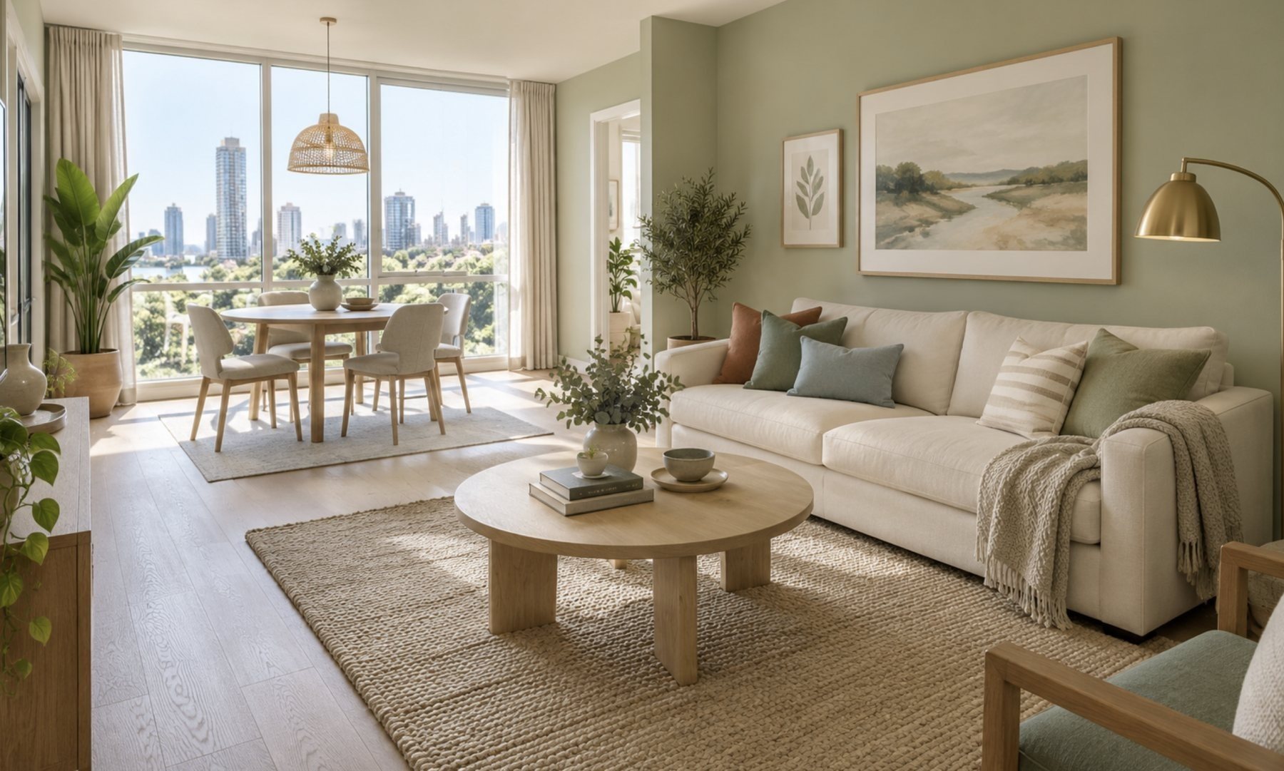 A bright living room with sage-green walls, a linen sofa and city views
